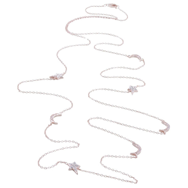 Sterling Silver Moon and Star Pavé Long Necklace - Reeves & Reeves