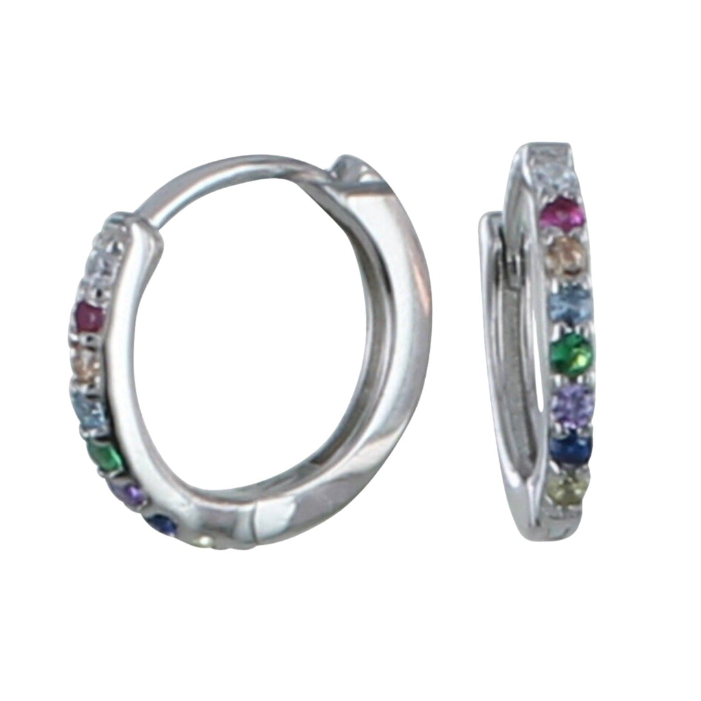 A pair of sterling silver sleeper earrings with multi-colored cubic zirconia stones on the front.