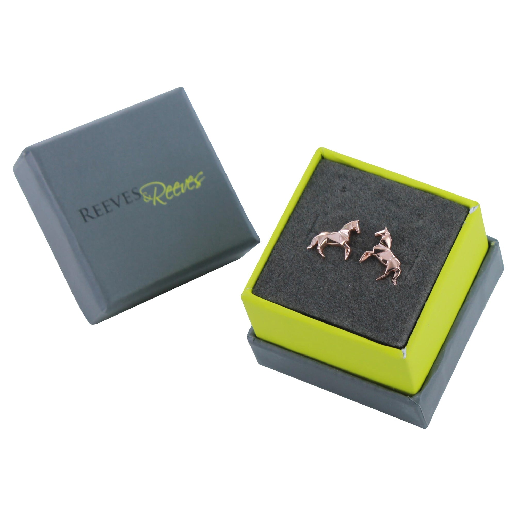A pair of sterling silver horse stud earrings with 18ct rose gold plating. Shown in a Reeves & Reeves gift box.