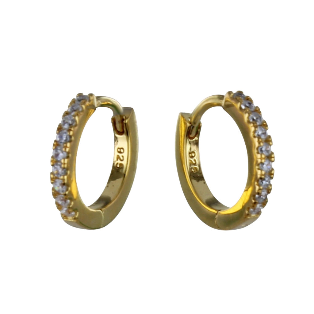 A pair of sterling silver huggies with 18ct gold plate and cubic zirconia stones on the front.