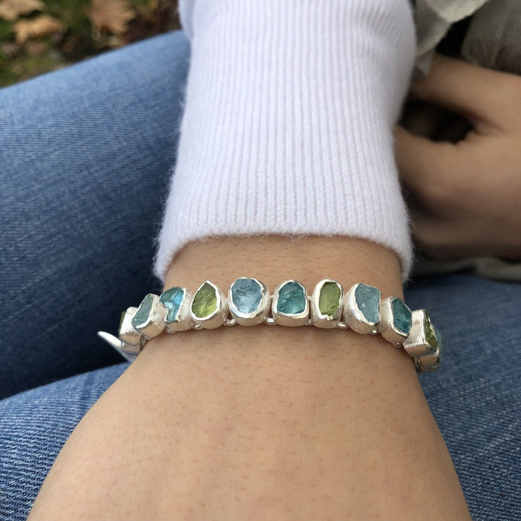 Sterling Silver Rough Green Stones Bracelet - Reeves & Reeves