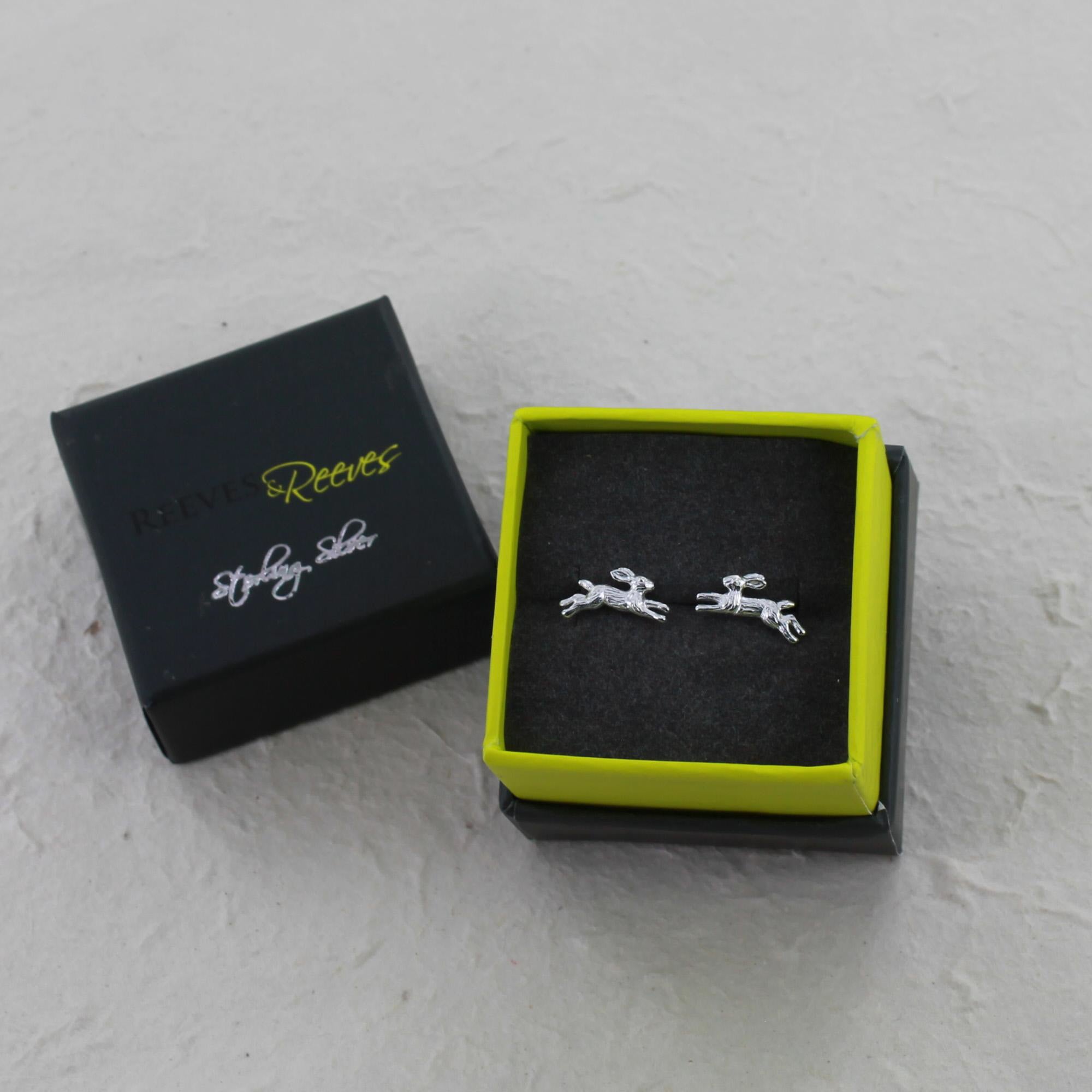 Sterling Silver Running Hare Stud Earrings - Reeves & Reeves