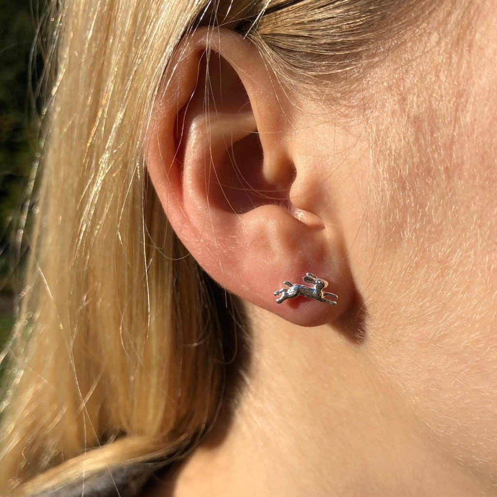 Sterling Silver Running Hare Stud Earrings - Reeves & Reeves