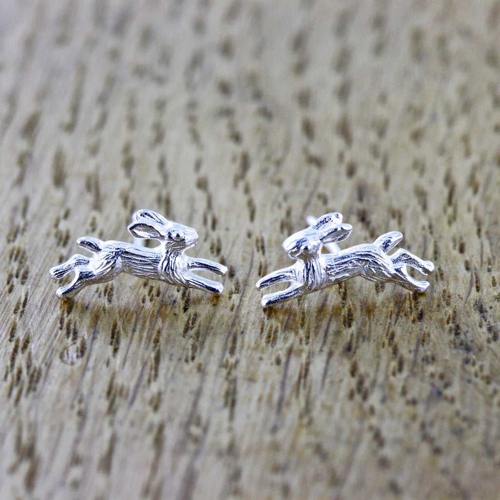 Sterling Silver Running Hare Stud Earrings - Reeves & Reeves