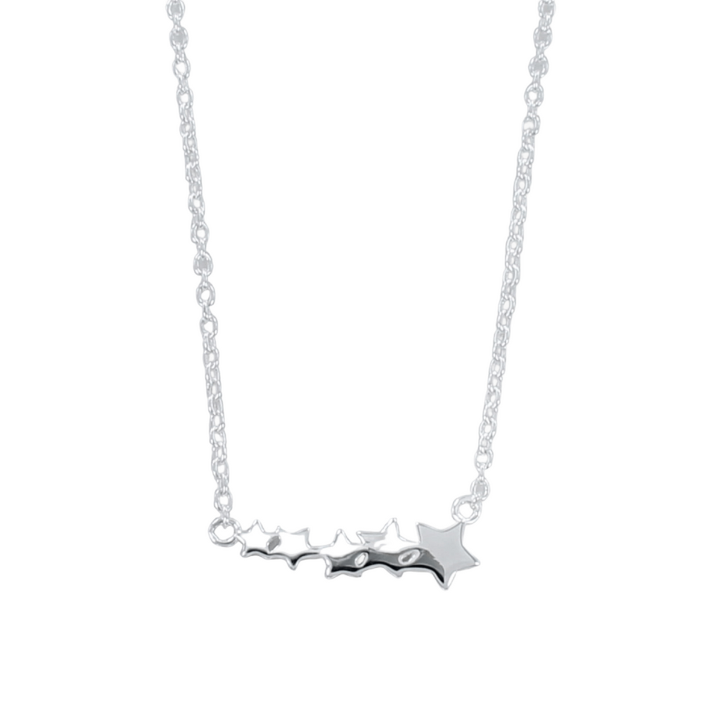 Sterling Silver Shooting Star Necklace with five solid stars adjoined horizontally with the silver chain hanging from each end.