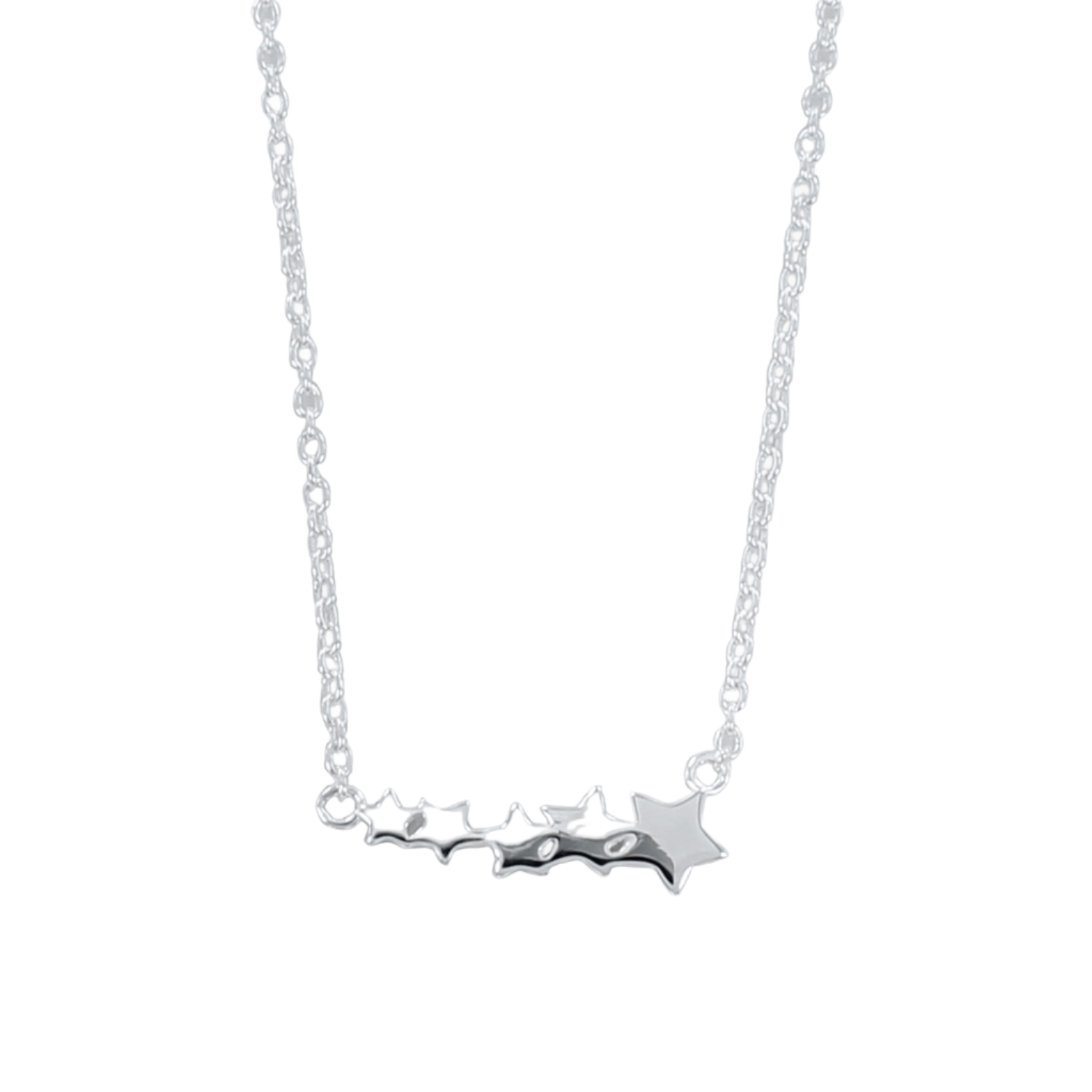 Sterling Silver Shooting Star Necklace with five solid stars adjoined horizontally with the silver chain hanging from each end.