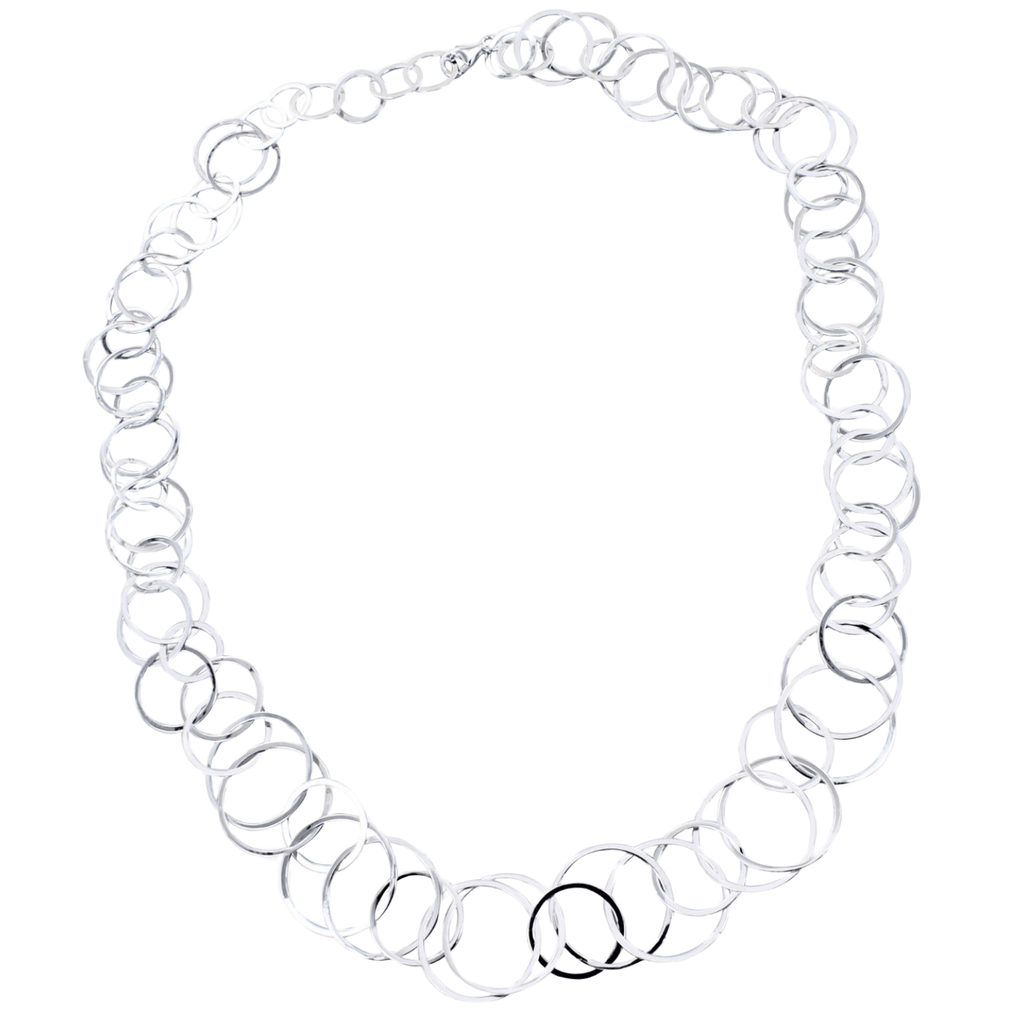 Sterling Silver Necklace made up of lots of intertwined circles of varying sizes and finished with an adjustable feature and a lobster clasp.