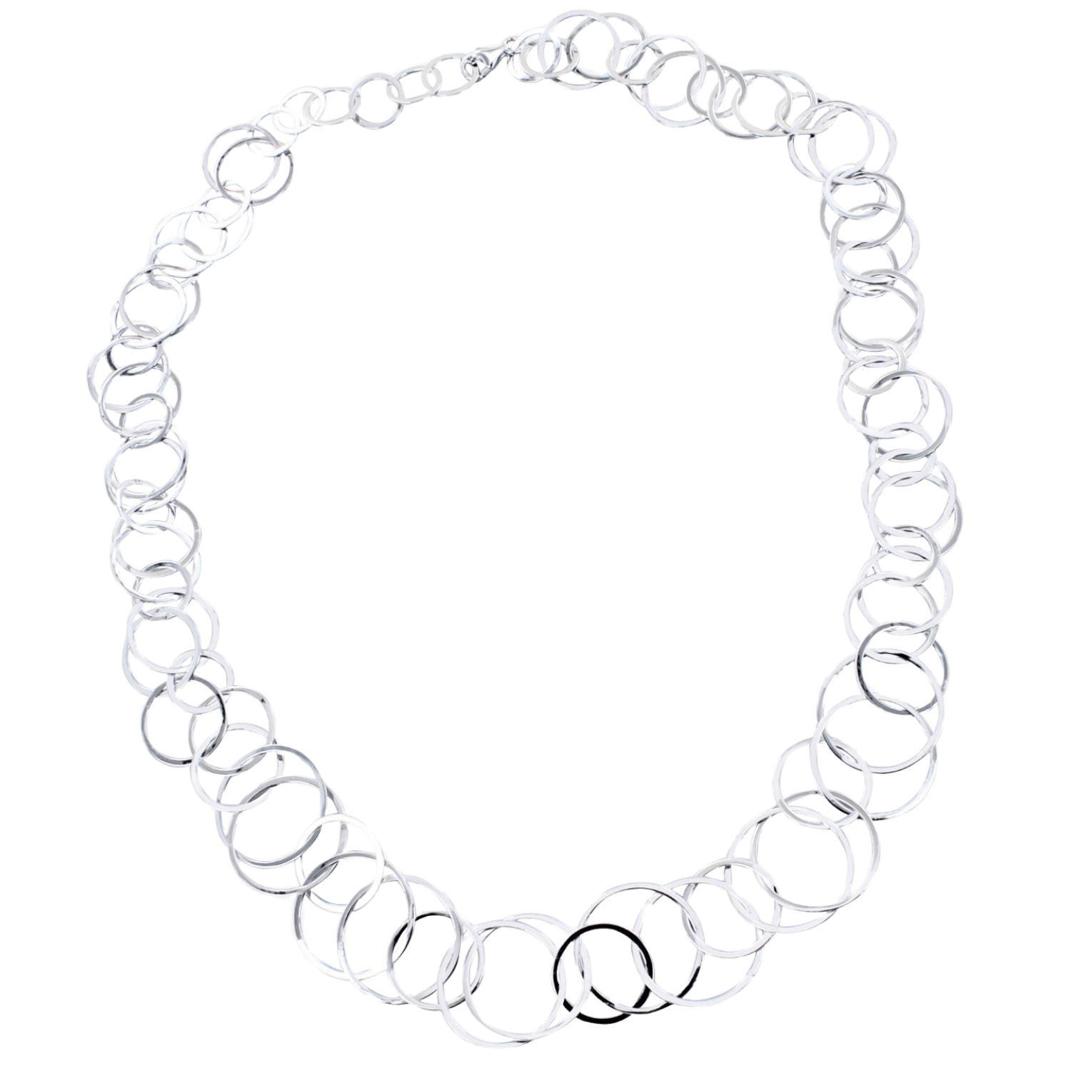 Sterling Silver Necklace made up of lots of intertwined circles of varying sizes and finished with an adjustable feature and a lobster clasp.