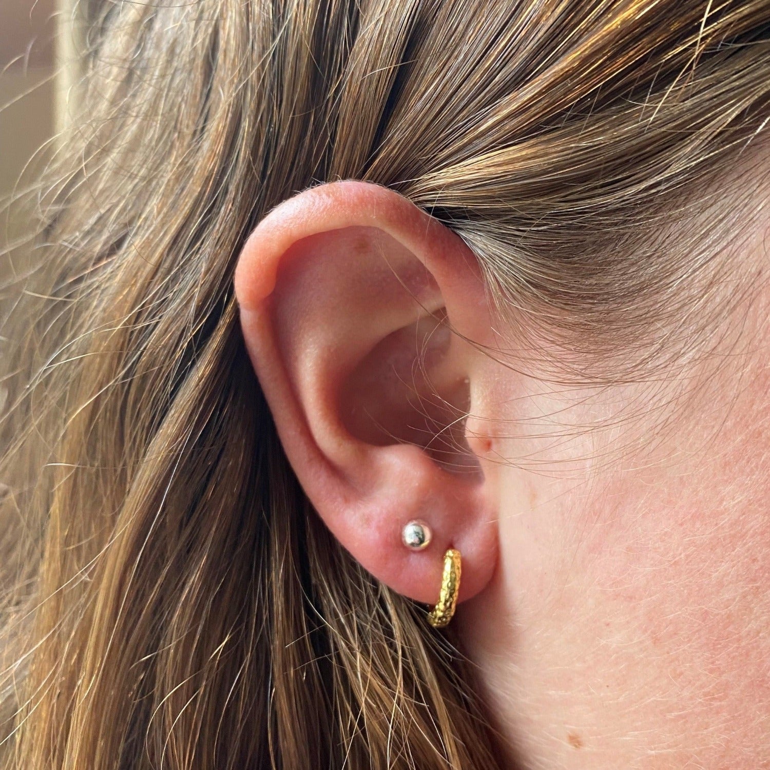 small gold hoops being worn by a model. Also wearing a small bead stud in second hole of ears. 