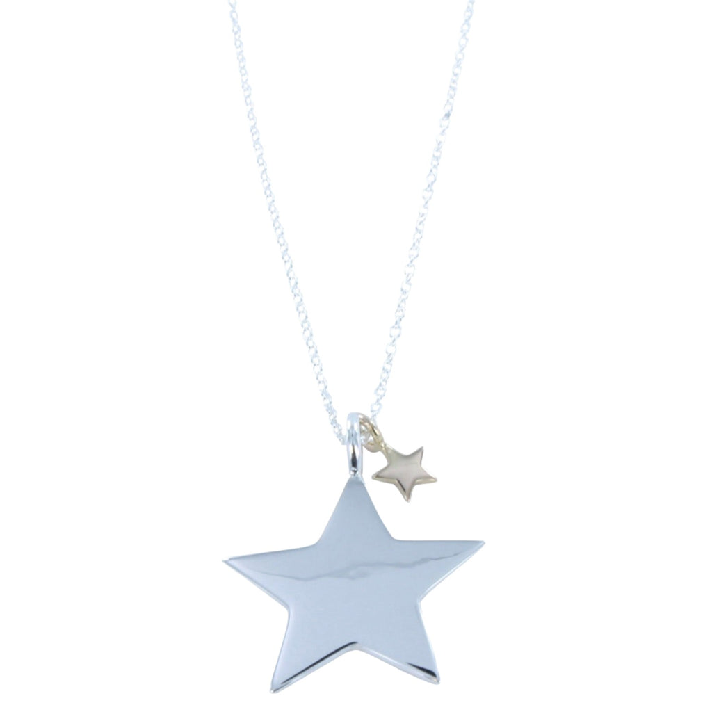 Silver Star Pendant with gold plate smaller star hanging on a silver adjustable chain.