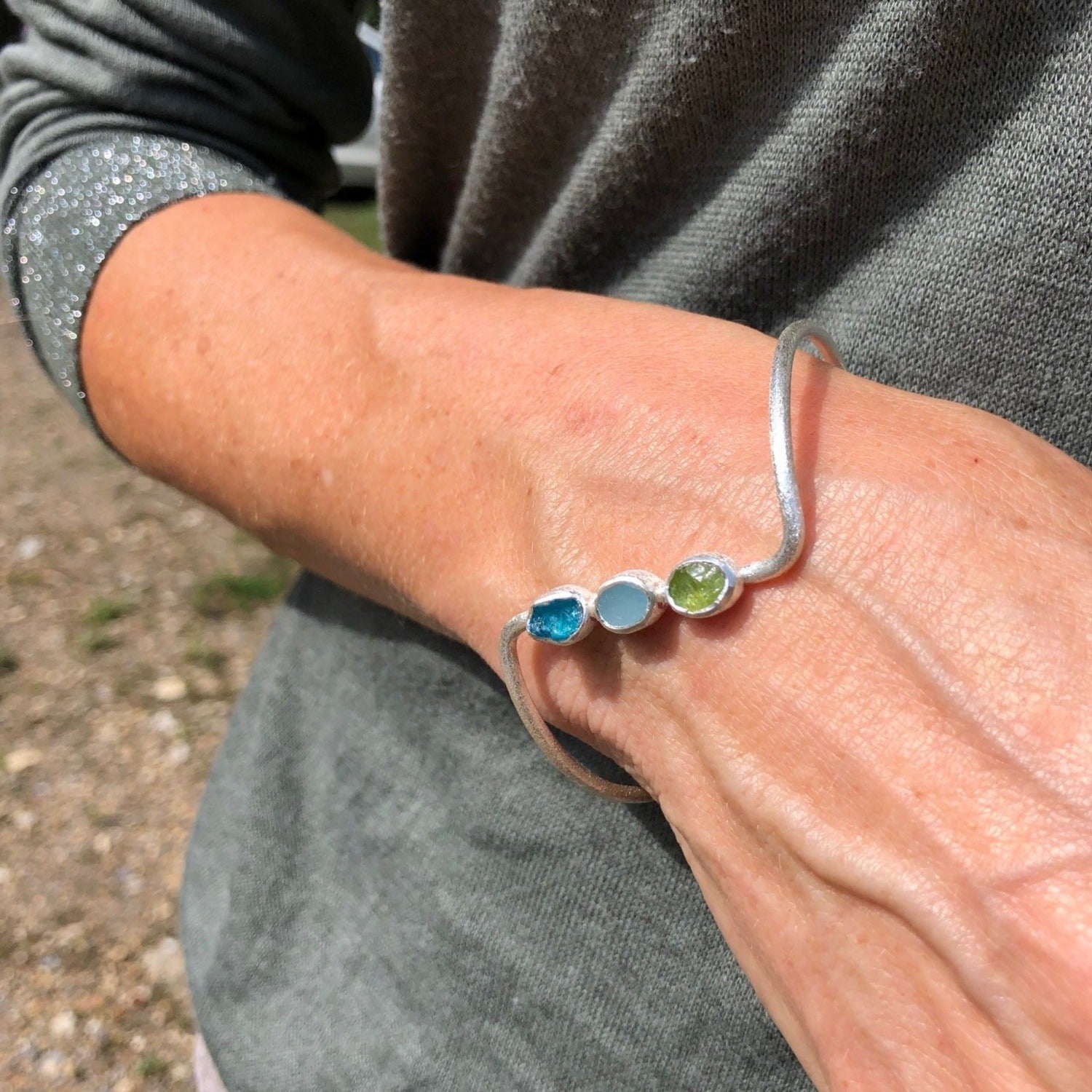 Trio Rough Stone Cuff Bracelet in Sterling Silver - Reeves & Reeves