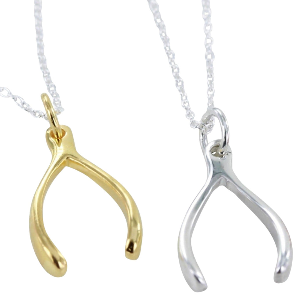 Two Wishbone charm pendants, one sterling silver and one with 18ct gold plate finish, hanging from silver adjustable chains.