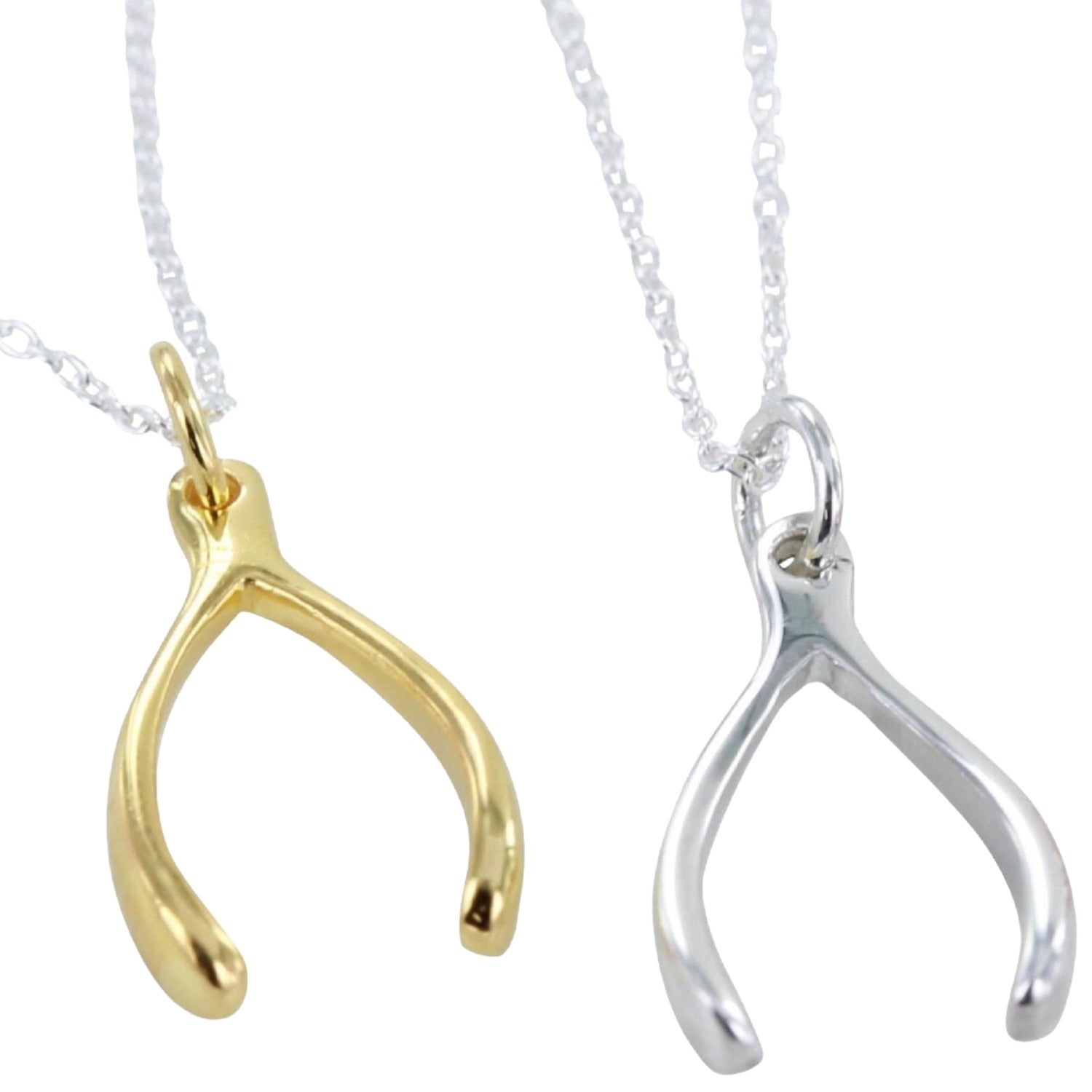 Two Wishbone charm pendants, one sterling silver and one with 18ct gold plate finish, hanging from silver adjustable chains.